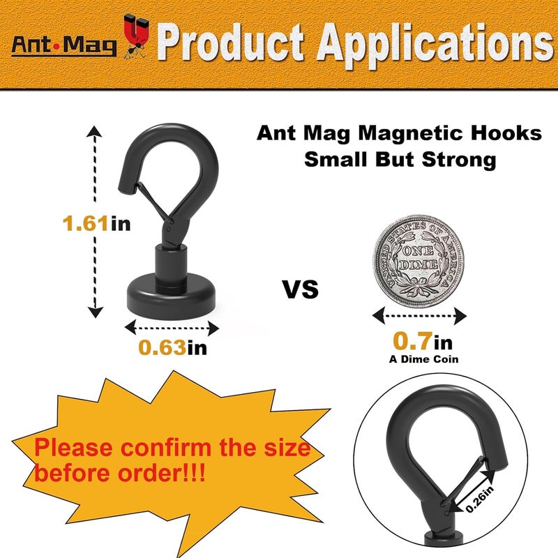 Ant Mag Black Magnetic Hooks Heavy Duty with Snap 22lbs Strong Magnet Hooks Great Hanging for Refrigerator, Cruise Cabin, Grill, Wreath,Kitchen,Office 8 Pack - Image 2